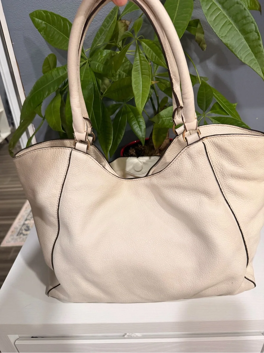 Tory Burch Ivory Pebbled Leather Logo Tote